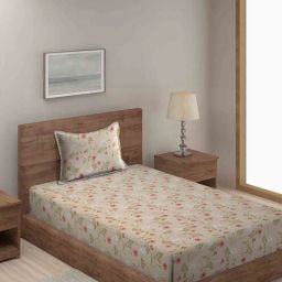 hosta homes Cream Floral 280 TC Cotton Blend Single Bed Sized Bed Sheets With 1 Pillow Cover-picture-28