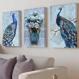 art street Beautiful Peacock Blue Synthetic Wood (Set of 3) Art Prints-picture-43
