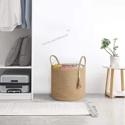 Jute Foldable woven laundry jute pot without lid rope basket indoor outdoor fancy planters big size boho home room decor bag storage for dirty clothes, plants, living room, kitchen Storage Basket-17