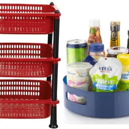 Combo Set 360° Rotating Tray & Big Basket Kitchen Rack Pack of 2 Plastic Kitchen Trolley-17
