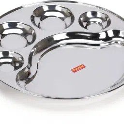 Stainless Steel Round 5 in 1 Compartment Lunch / Dinner Plate 1Pc, 31cm Dia Sectioned Plate-22
