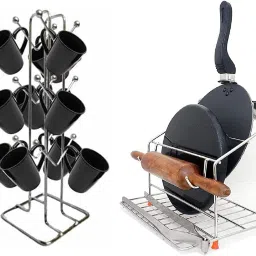 Chakla/Belan Kitchen Rack Chakla Belan and Tawa with Cup Stand for Kitchen 100% Rust Free Stainless Steel Steel-11