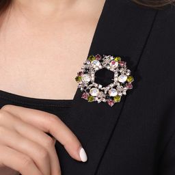 Yellow Chimes Silver-Toned & Green Crystal Studded Floral Brooch Pin-image-71