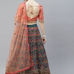 SHUBHKALA Green & Peach-Coloured Semi-Stitched Lehenga & Unstitched Blouse With Dupatta image 3