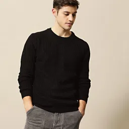 Men Self Design Round Neck Black Sweater-image-1