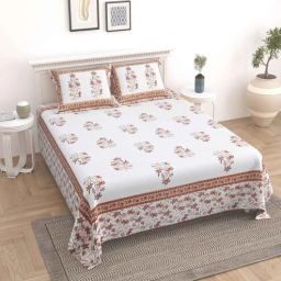 Beige Floral 144 TC Cotton King Bedsheet and 2 Pillow Cover by UniqChoice-picture-13
