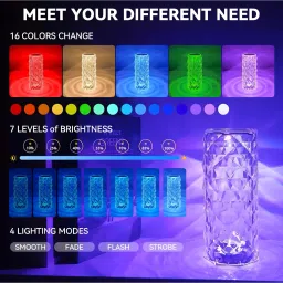 rg group Table Lamp,16 Color Changing Crystal Diamond Table Lamp,USB Rechargeable Touch Night Lamp image 2