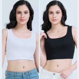 Women Solid Square Neck Cotton Blend White T-Shirt-image-1