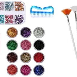 12 pcs Nail Art Ringstone & 12 pcs Nail Art Glitter With 15 pcs Nail Brush,5 Pcs Nail Dotting Pen, pcs Nail Cleaning Brush-13