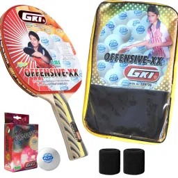 Offensive TT Bat (Pack of 1) Euro Plastic TT Balls (Pack of 6) Wrist Band, Cover Multicolor Table Tennis Racquet-39