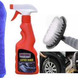 LEATHER SHINER SPRAY 250ml.+ 1PC CAR MICROFIBER CLOTH +All Tyre Cleaning Brush Combo-image-2