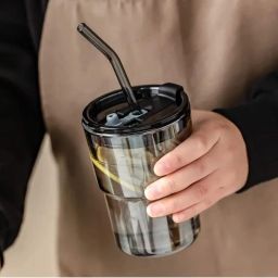 Glass Tumbler with Lid Silicon Straw Leather Sleeve Coffee for Home Office Glass Glass Coffee Mug-image-79