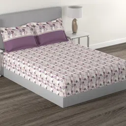 MYTRIDENT Mauve  White Floral Cotton 144 TC Queen Bedsheet With 2 Pillow Covers-5