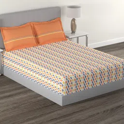 MYTRIDENT Orange  White Geometric Cotton 144 TC Queen Bedsheet With 2 Pillow Covers-picture-17