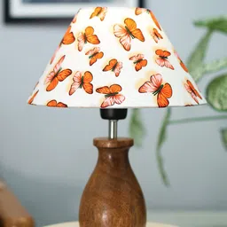 Homesake Brown & White Butterfly Printed Table Lamp With Wooden Base-28