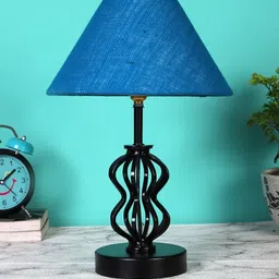 Devansh Turquoise Blue & Black Textured Frustum Shaped Table Lamp-13