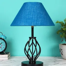 Devansh Turquoise Blue Jute Table lamp With Iron Base-48