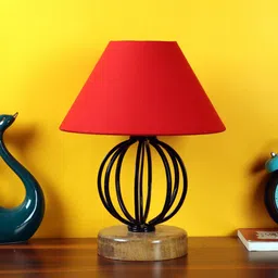 Devansh Red Cotton Table Lamp with Wood & Iron Base image 2