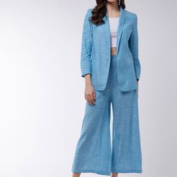 Zima Leto Women Blue Solid Chambray Blazer with Trousers-picture-32