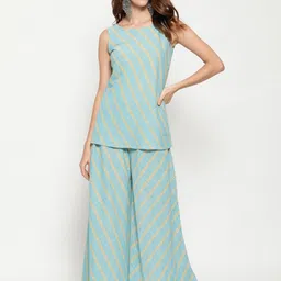 antaran Women Blue & Yellow Striped Pure Cotton Top With Palazzos-58