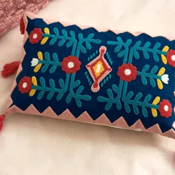 Chumbak Navy Blue & Beige Embroidered Rectangle Cushion Cover-21