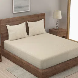 KLOTTHE Cream Colored Striped Cotton Blend 300 TC King Bedsheet With 2 Pillow Cover-picture-19