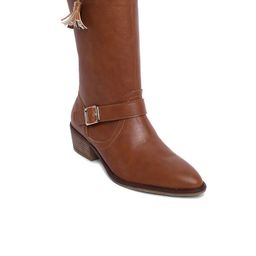 PEPITOES Women High-Top Pointed Toe Block-Heel Regular Boots With Buckle Detail & Tassels-18
