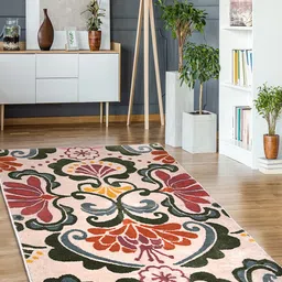 Saral Home Cream Floral Rectangular Cotton Carpet-31