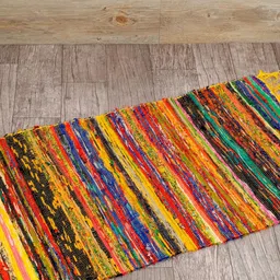 HANDICRAFT PALACE Yellow & Blue Braided Chindi Woven Cotton Reversible Carpet-image-0