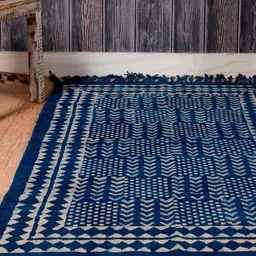 HANDICRAFT PALACE Blue & Beige Indigo Hand Block Printed Cotton Carpet-19