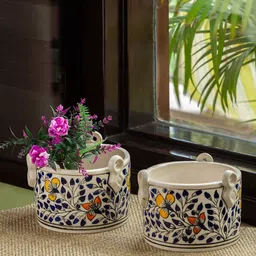 ExclusiveLane 2-Pcs White & Blue Printed Ceramic Table Planters 750 ml-14