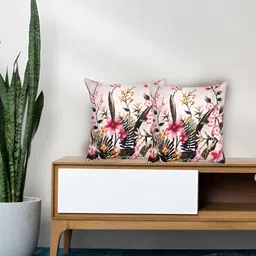 Tasseled Home White & Pink 2 Pieces Floral Printed Velvet Square Cushion Covers-image-3