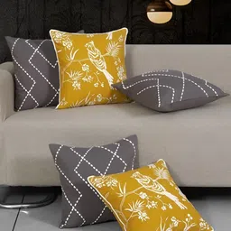 Ode & Cleo Off White & Mustard 5 Pieces Floral Printed Cotton Square Cushion Covers-25
