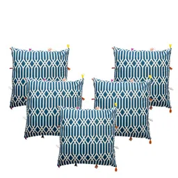 Contrast Living Blue & White 5 Pieces Geometric Cotton Square Cushion Covers-56