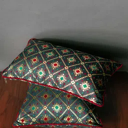 RoyalDeco Green & Red Ethnic Motifs Rectangle Cushion Covers-6