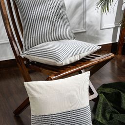ANWYN Grey & White 3 Pcs Striped Pure Cotton Square Cushion Covers-2