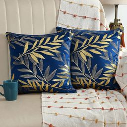 AEROHAVEN Blue & Gold-Toned 2 Pieces Floral Printed Velvet Square Cushion Covers-39