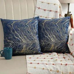 AEROHAVEN 2 Pcs Blue & Gold-Toned Foil Printed Velvet Square Cushion Covers-34