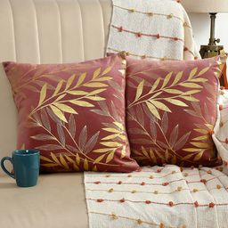 AEROHAVEN Pink & Gold-Toned 2 Pieces Floral Printed Velvet Square Cushion Covers-25