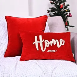 ANWYN Red & White 2 Pieces Home Embroidered Velvet Square Rectangle Cushion Covers-12
