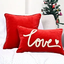ANWYN Red & White 2 Pieces Embroidered Velvet Square Rectangle Cushion Covers-13