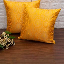 RoyalDeco 2 Pcs Yellow & Golden Ethnic Motifs Banarasi Brocade Silk Square Cushion Covers-5