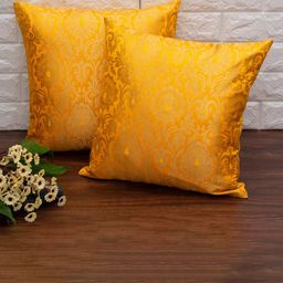 RoyalDeco 2 Pcs Yellow & Golden Ethnic Motifs Banarasi Brocade Silk Square Cushion Covers-3