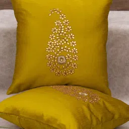 RoyalDeco Mustard 2 Pieces Ethnic Motifs Silk Cushion Covers-image-98