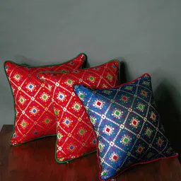 RoyalDeco Red & Blue 3 Pieces Ethnic Motifs Brocade Square Cushion Covers-image-28