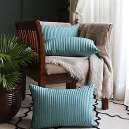 ANS Turquoise Blue 3 Pieces Self Designed Rectangle Cushion Covers-picture-33