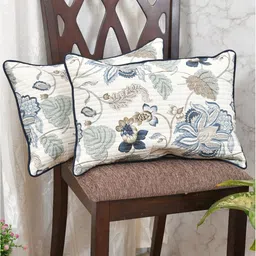 Clasiko White & Green Set of 2 Floral Rectangle Cushion Covers-12