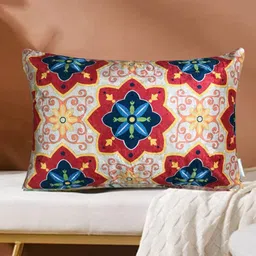 Tasseled Home White & Red Ethnic Motifs Velvet Rectangle Cushion Cover-image-17