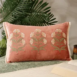 NISRAG HOME Pink & Green Floral Embroidered Velvet Rectangle Cushion Cover-image-78