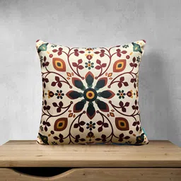 Tasseled Home Cream-Coloured & Brown Floral Satin Square Cushion Cover-19
